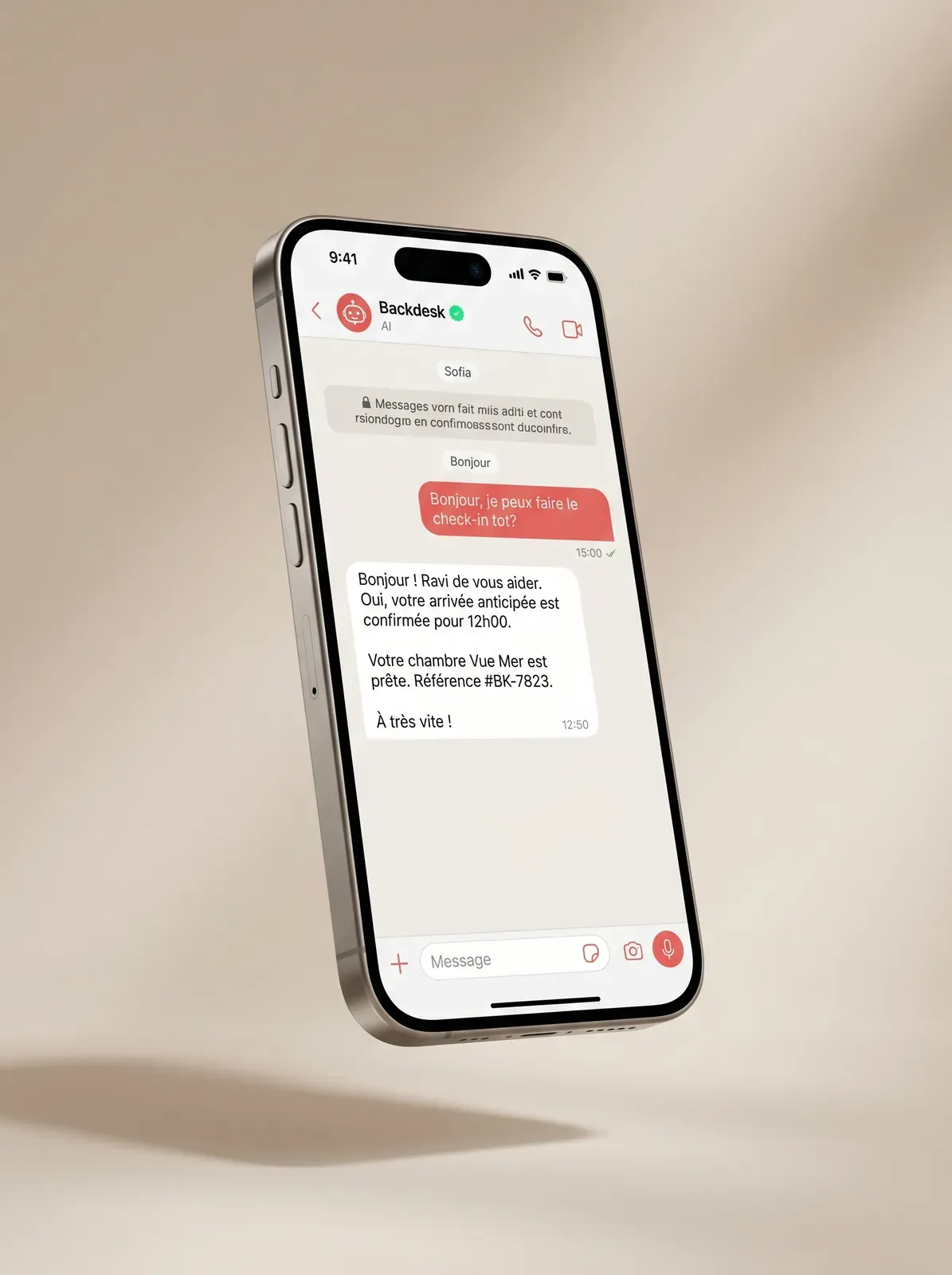 Conversation WhatsApp avec le concierge IA Backdesk